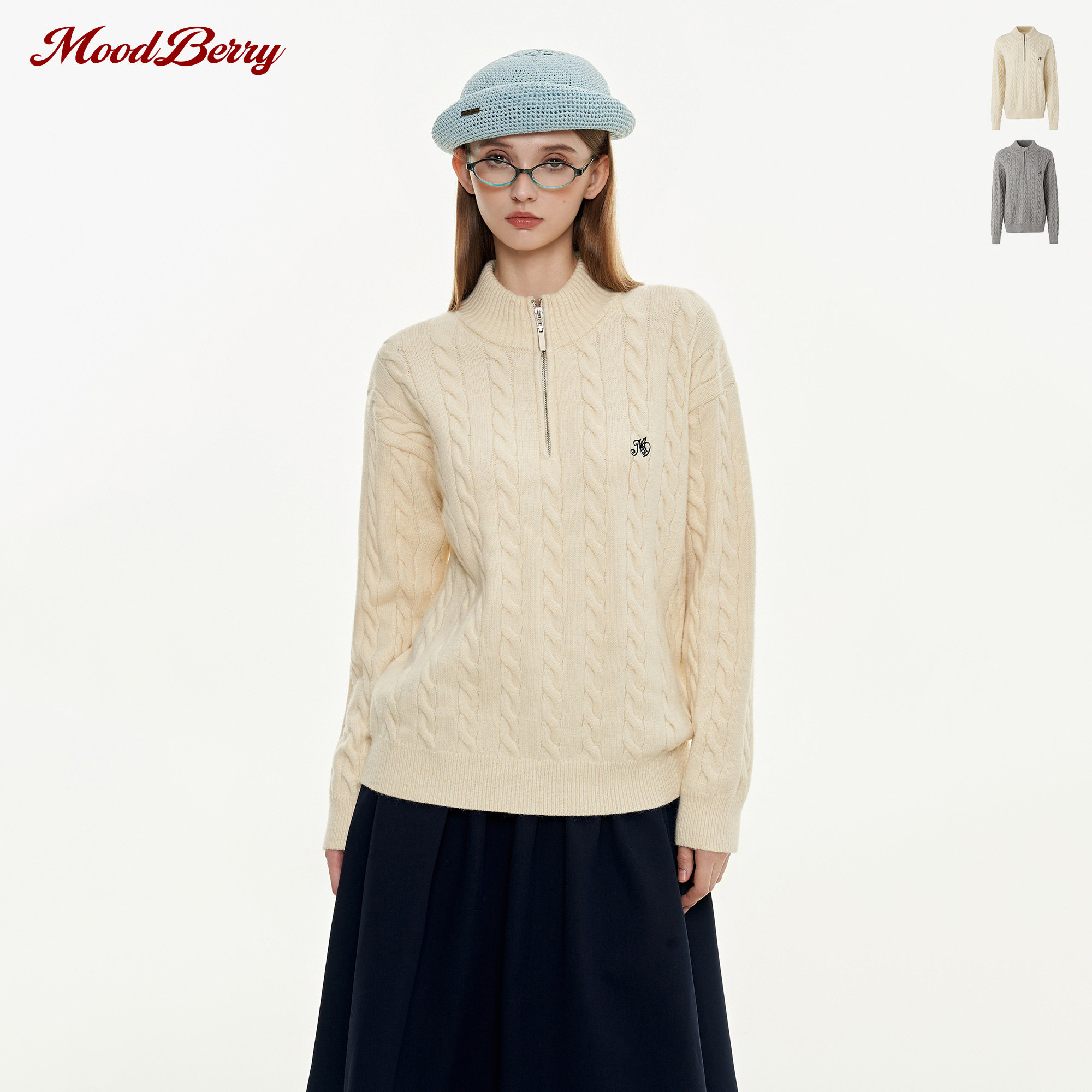 MoodBerry 美式复古LOGO刺绣半拉链麻花毛衣女秋冬慵懒风针织上衣