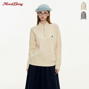 MoodBerry 美式复古LOGO刺绣半拉链麻花毛衣女秋冬慵懒风针织上衣
