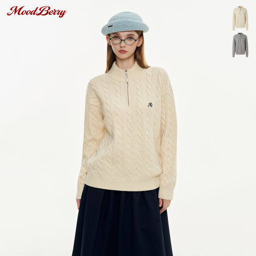 MoodBerry 美式复古LOGO刺绣半拉链麻花毛衣女秋冬慵懒风针织上衣