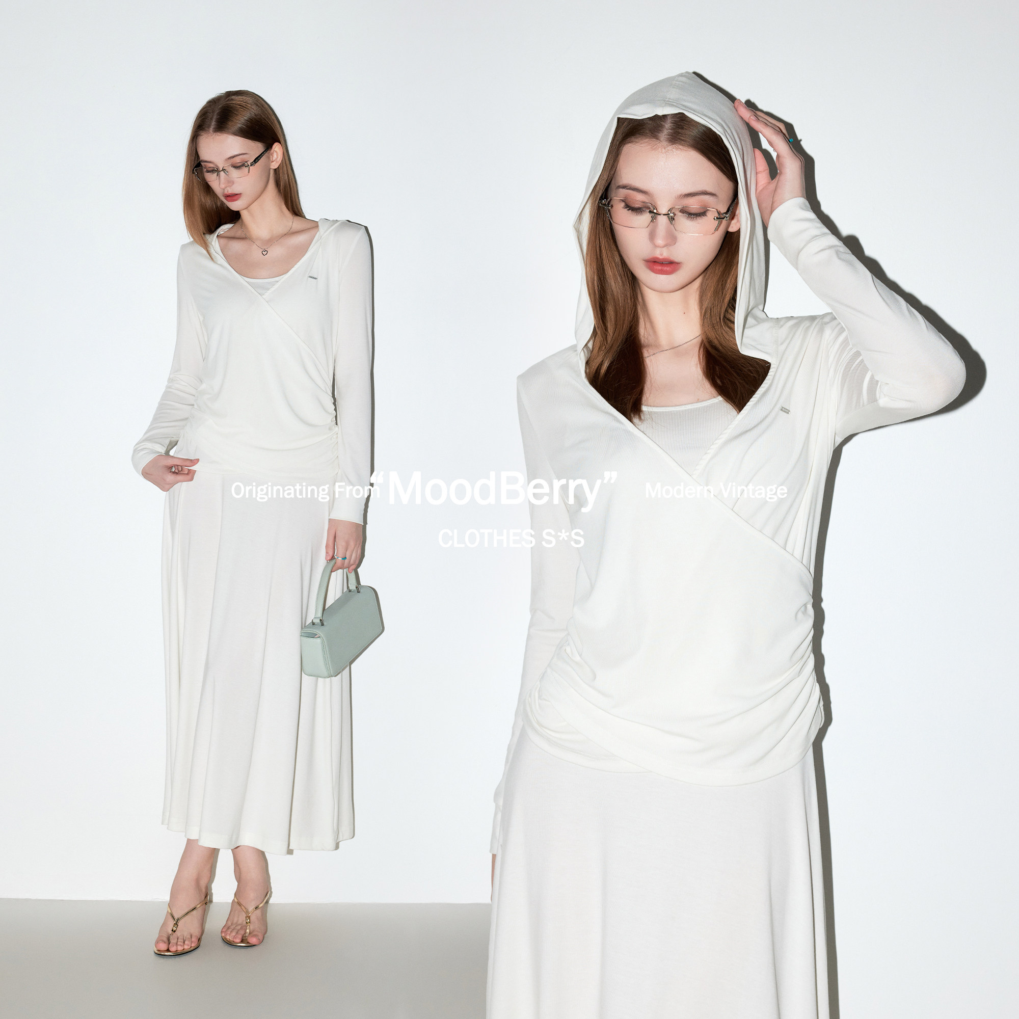 MoodBerry 美式复古纯色系V领连帽长袖T恤女春季垂感修身长裙套装