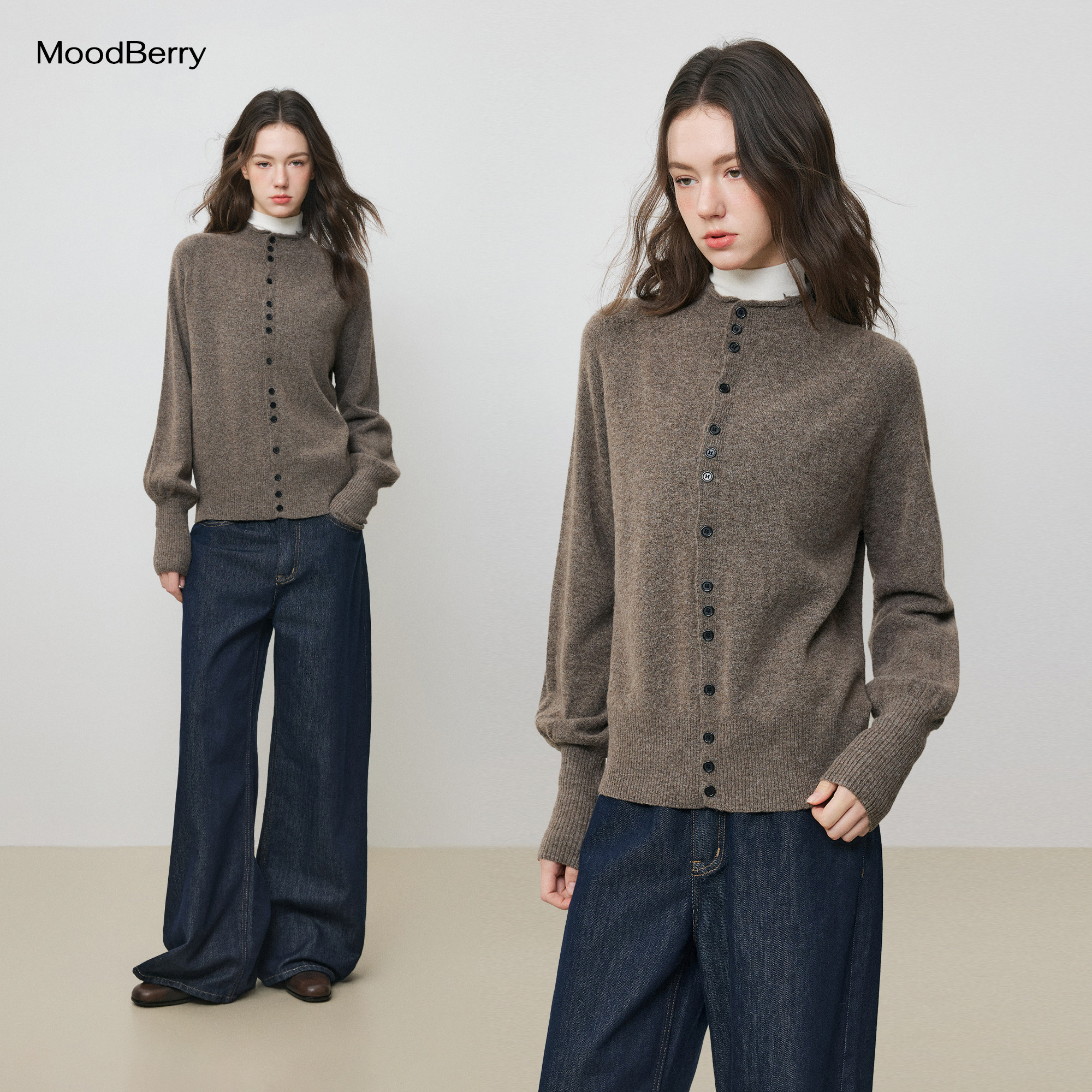 MoodBerry 美式复古羊毛混纺多纽扣设计毛衣女秋冬灯笼袖针织上衣