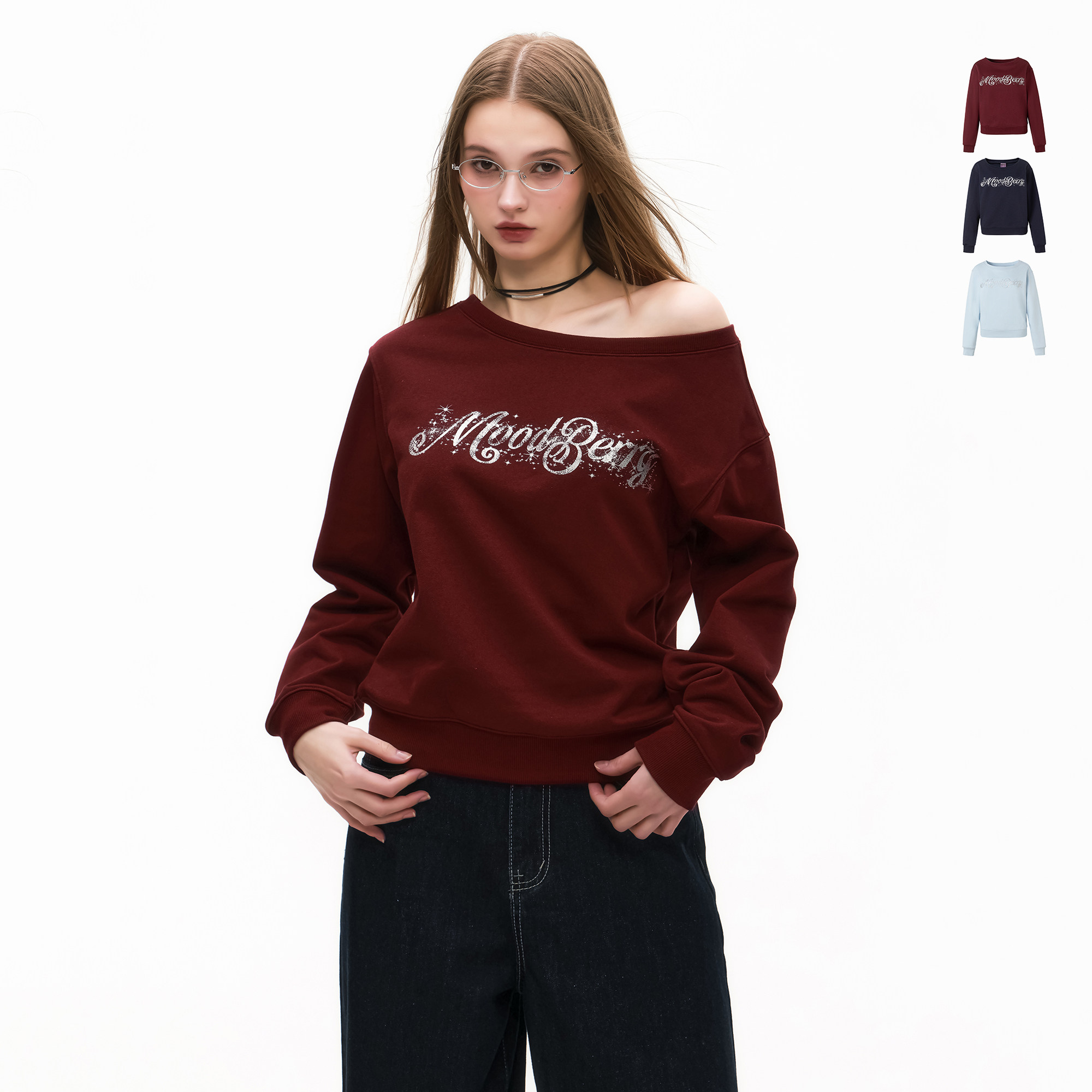 MoodBerry 美式复古闪粉印花露肩卫衣女春季宽松辣妹风一字肩上衣