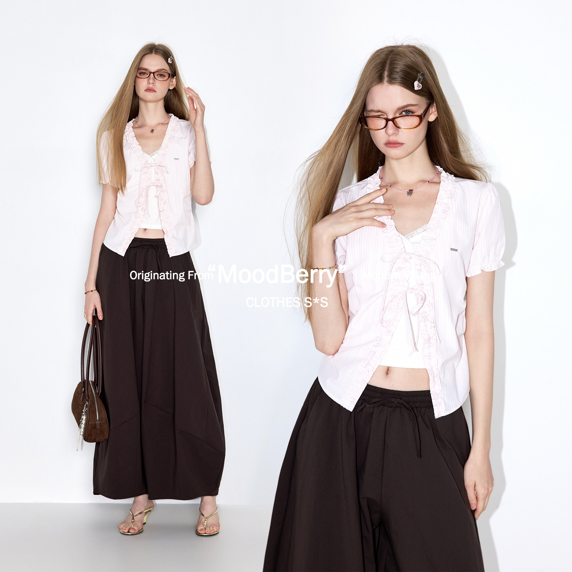 MoodBerry美式复古V领木耳边蝴蝶结短袖衬衫女夏季设计感开衫上衣