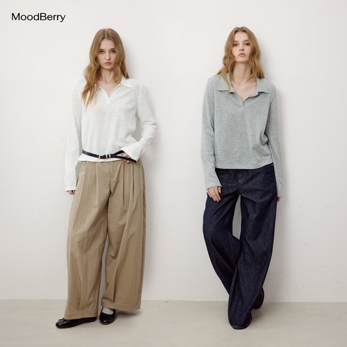 MoodBerry 美式复古POLO领轻薄长袖T恤女秋季宽松款休闲百搭上衣