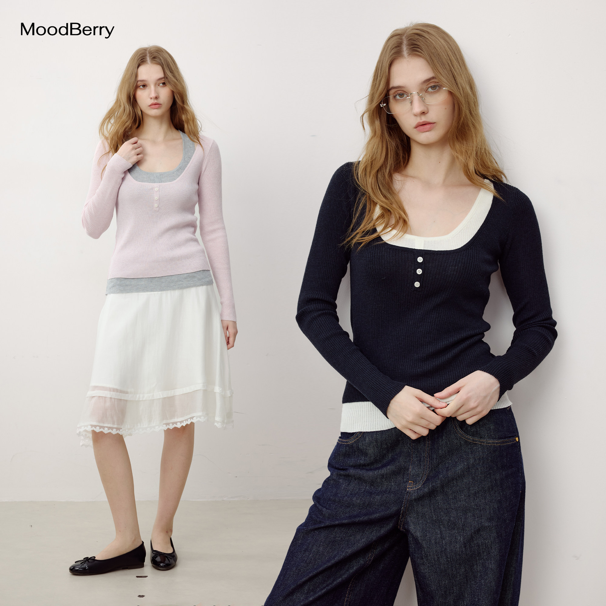 MoodBerry 美式复古羊毛混纺假两件长袖打底衫女秋季修身显瘦上衣