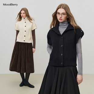 MoodBerry 美式复古短袖纽扣毛衣外套女秋冬高领纯色休闲百搭上衣