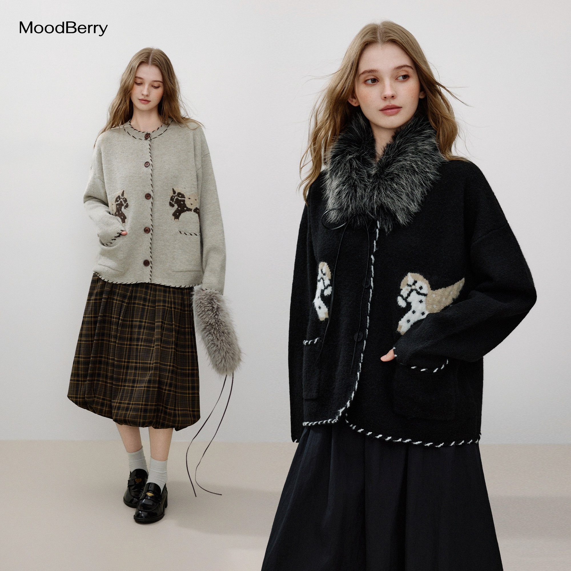 MoodBerry 美式复古圆领撞色衣边小马毛衣女秋冬休闲百搭针织上衣