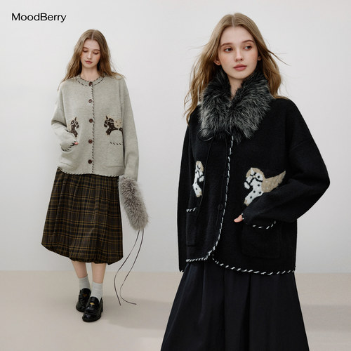 MoodBerry 美式复古圆领撞色衣边小马毛衣女秋冬休闲百搭针织上衣