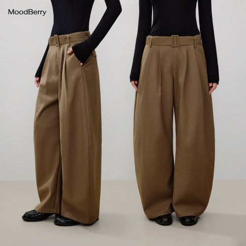 MoodBerry 美式复古立体褶皱腰带休闲裤女秋季设计感宽松弯刀长裤