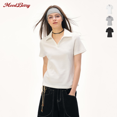Moodberry美式复古V领短袖T恤女夏季休闲百搭显瘦翻领华夫格上衣