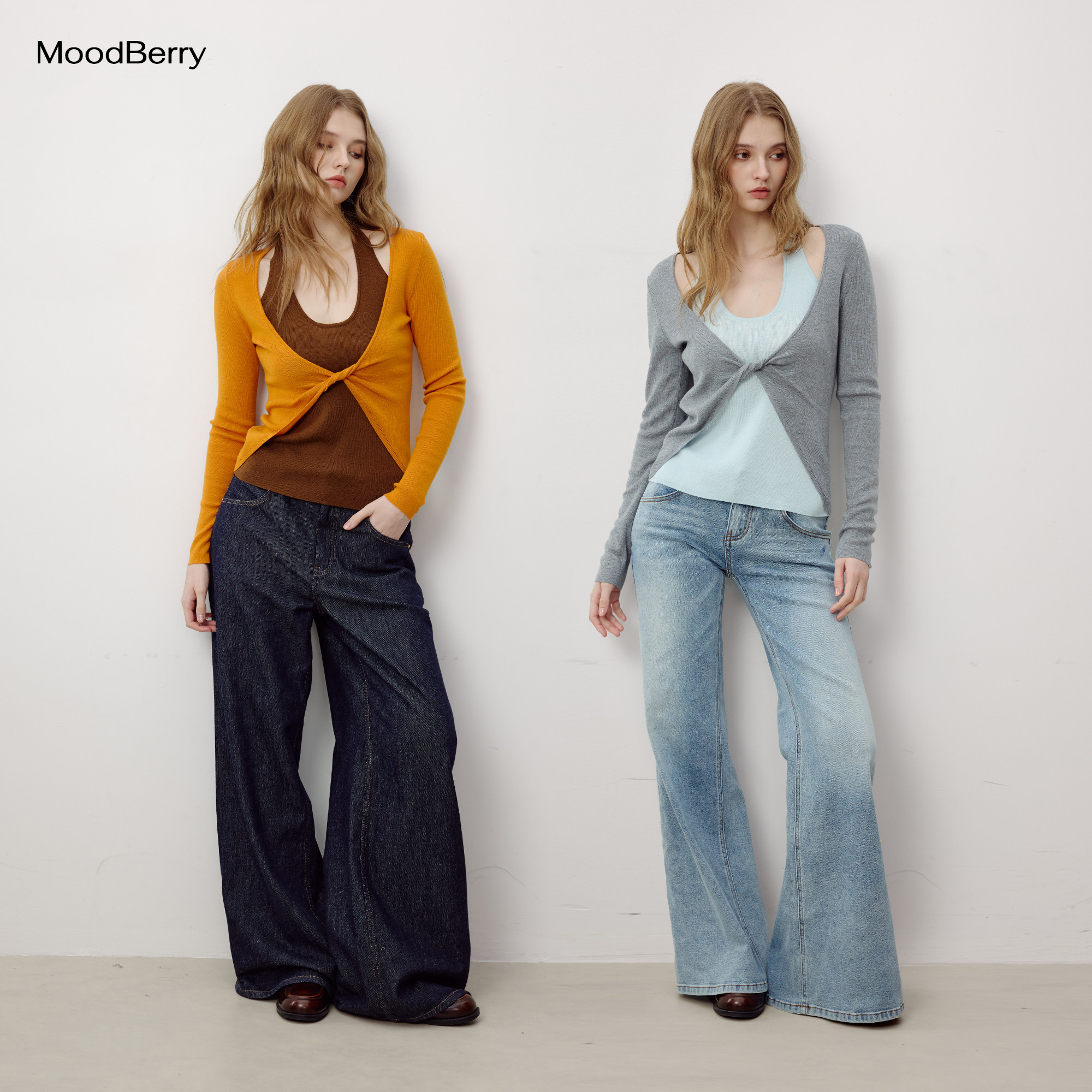 MoodBerry美式复古羊毛混纺假两件撞色长袖女秋季U领修身显瘦上衣图片