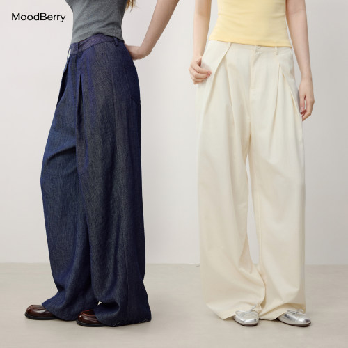 MoodBerry 美式复古立体褶皱阔腿裤女夏季高腰款透气休闲百搭长裤
