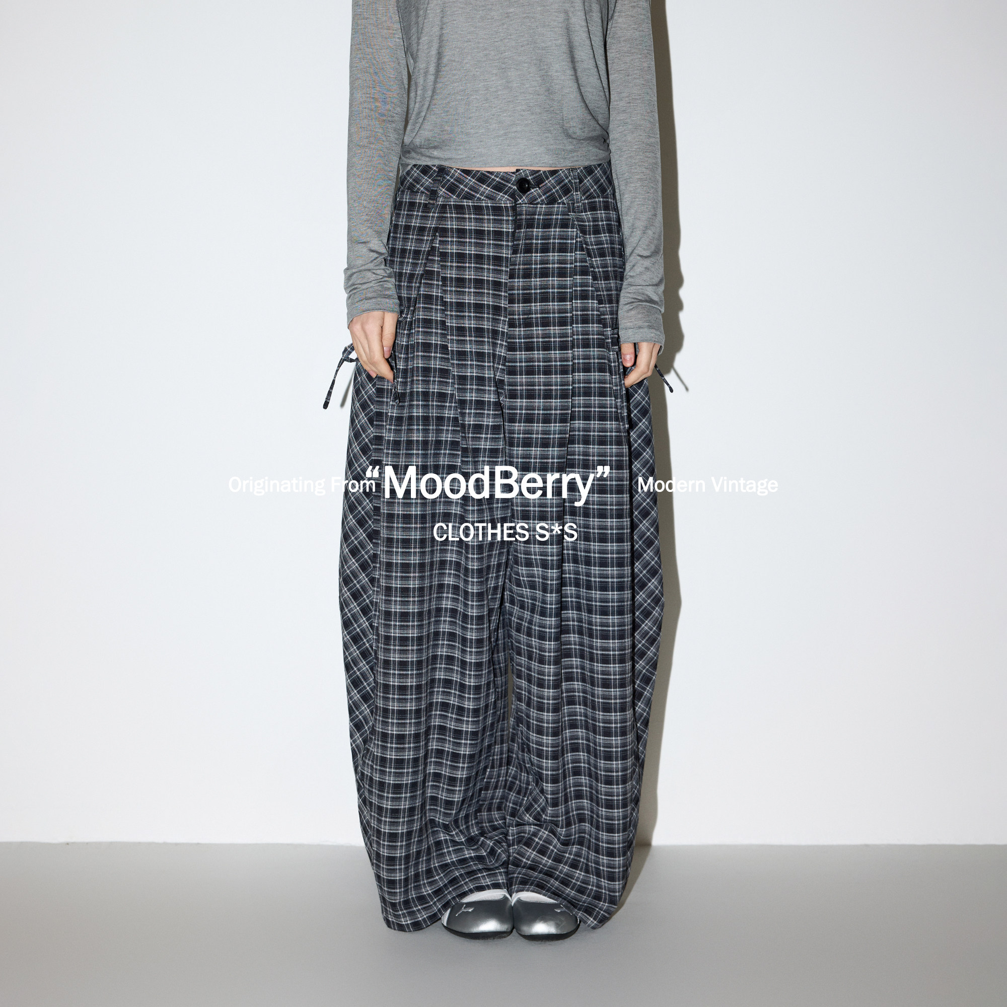 MoodBerry 美式复古经典格纹长裤女春夏慵懒宽松休闲阔腿拖地裤子