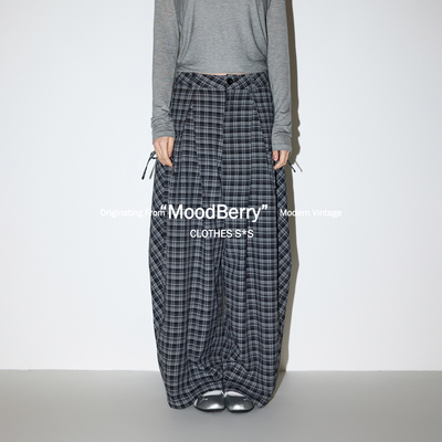 MoodBerry 美式复古经典格纹长裤女春夏慵懒宽松休闲阔腿拖地裤子