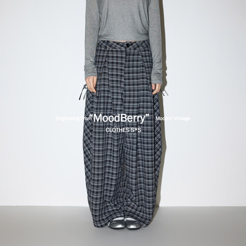 MoodBerry 美式复古经典格纹长裤女春夏慵懒宽松休闲阔腿拖地裤子