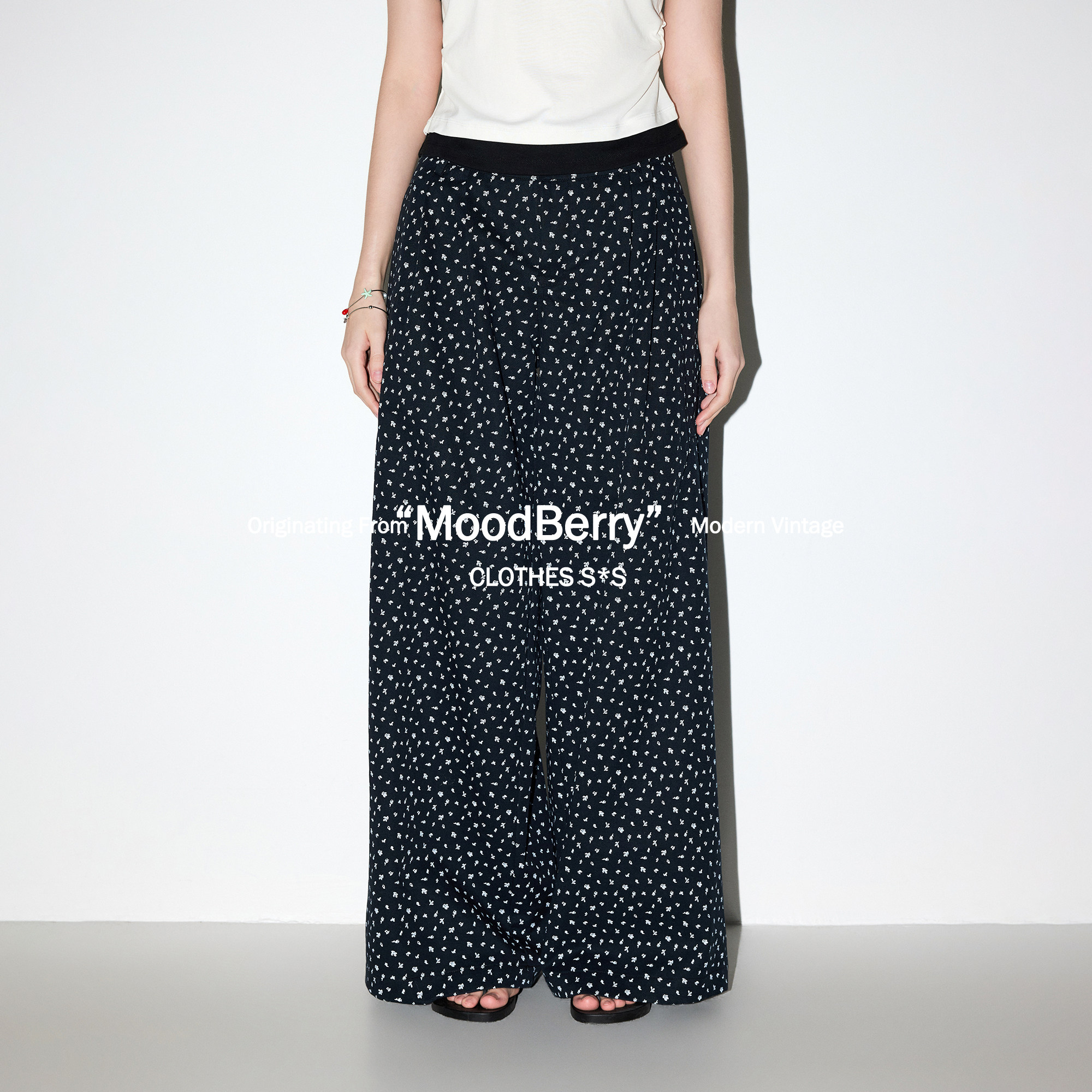 MoodBerry 美式复古碎花休闲阔腿裤女夏季慵懒感高腰显瘦直筒长裤