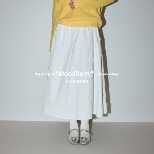 MoodBerry 美式复古小众设计感花朵刺绣半裙女春季休闲高腰中长裙