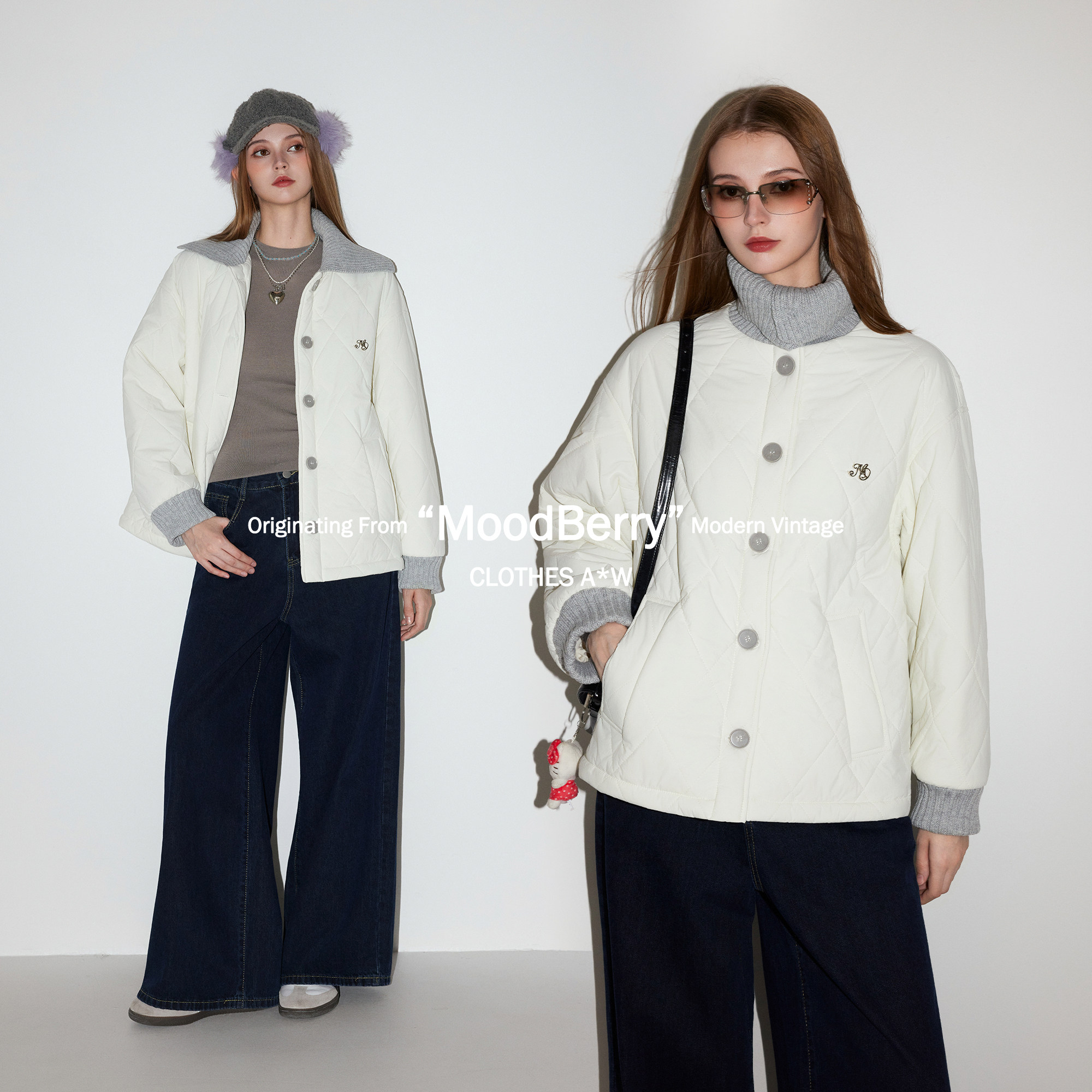 MoodBerry 学院风菱格针织拼接棉服女冬季半高领毛织宽松百搭棉袄