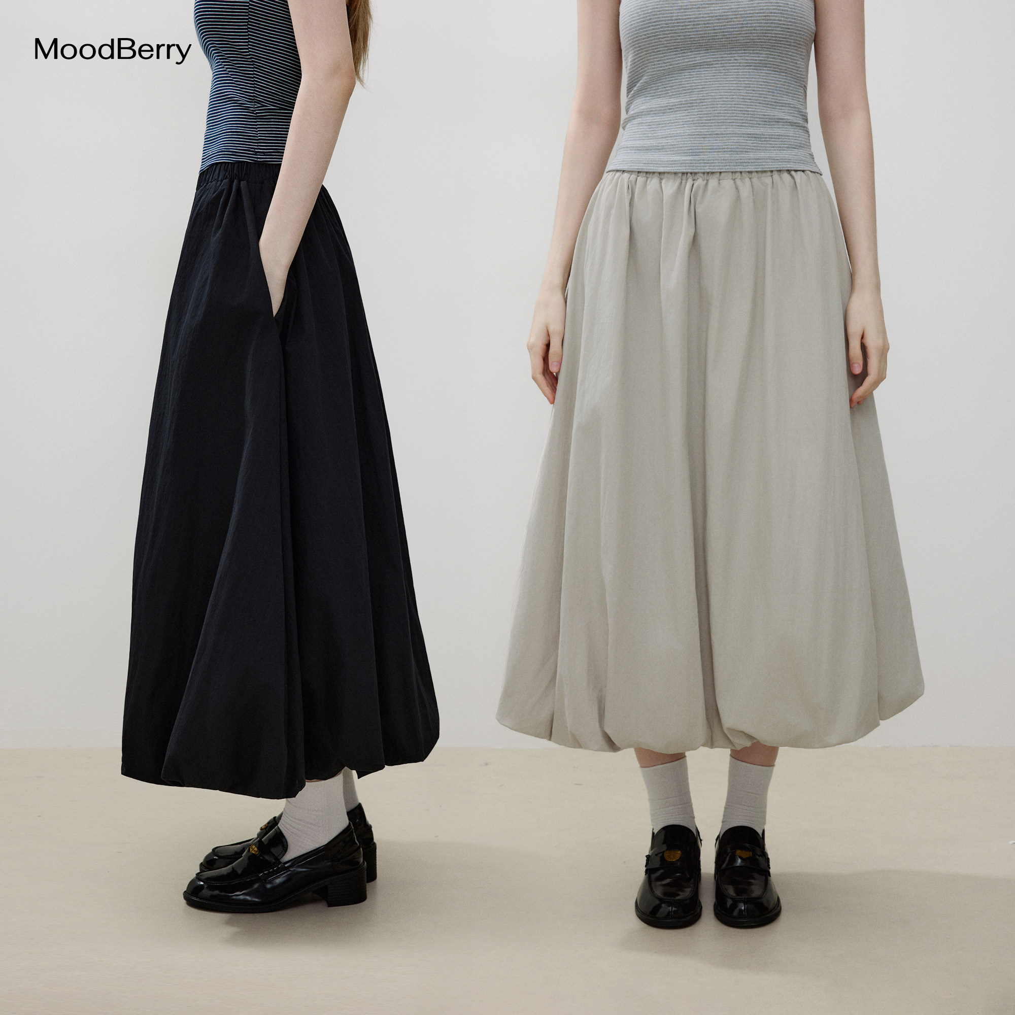MoodBerry美式复古花苞长裙女秋季新款宽松百搭休闲松紧腰A字裙子图片