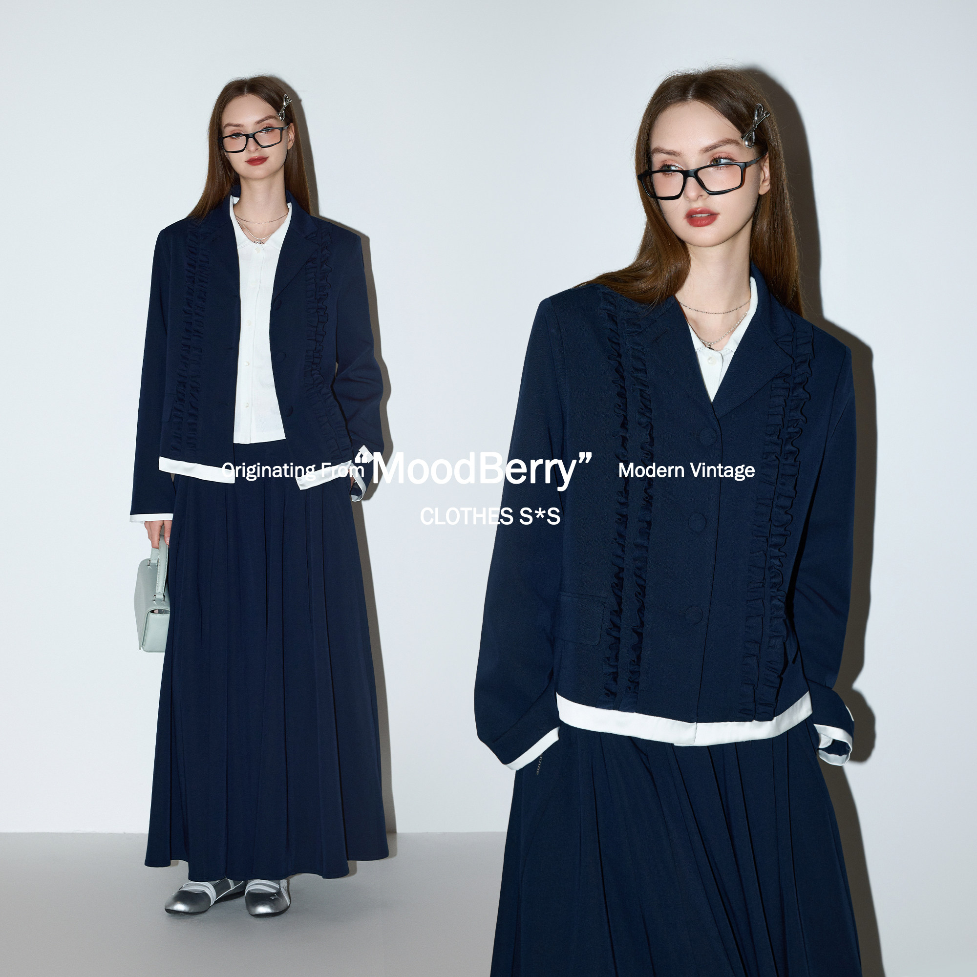 MoodBerry 美式复古高级感木耳西装外套女春季垂感长款西装裙套装图片