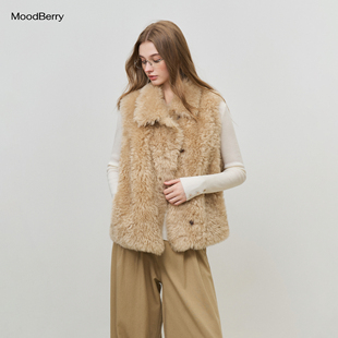 MoodBerry 美式复古羊羔绒毛翻领马甲背心女秋冬宽松保暖外套上衣