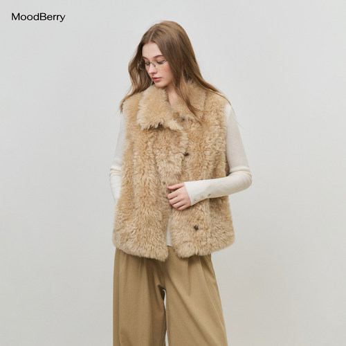 MoodBerry 美式复古羊羔绒毛翻领马甲背心女秋冬宽松保暖外套上衣