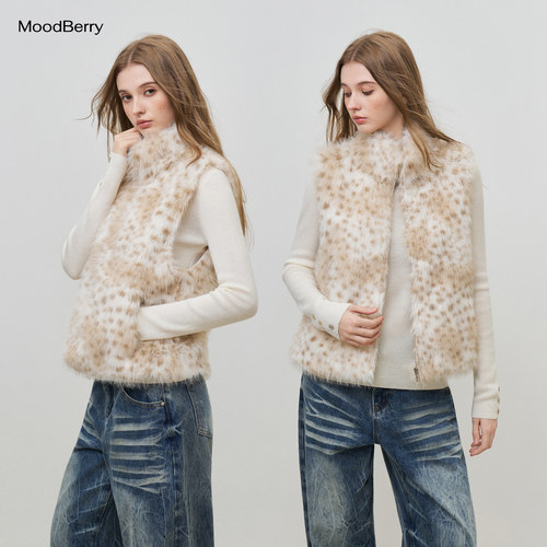 MoodBerry 美式复古环保皮草豹纹马甲背心女秋冬立领保暖外套上衣