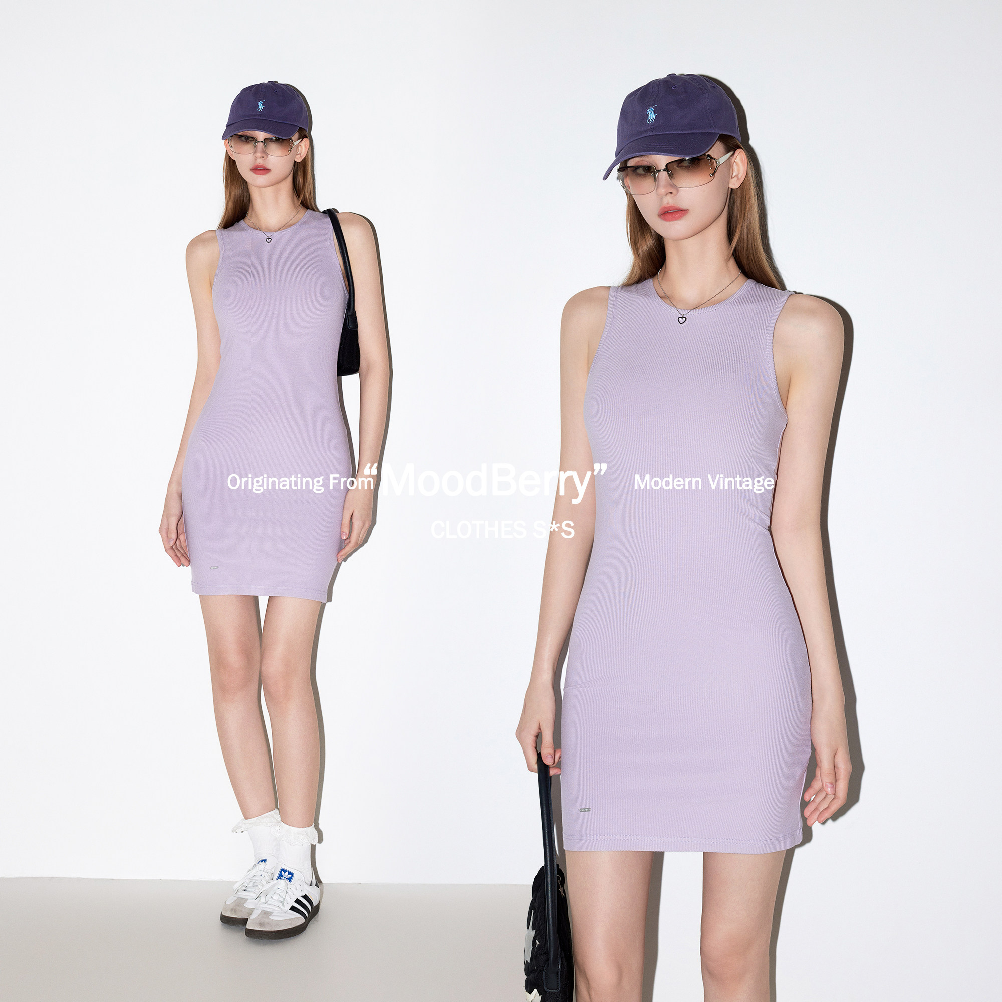 MoodBerry 美式复古纯色无袖包臀连衣裙女夏季运动修身弹力短裙子