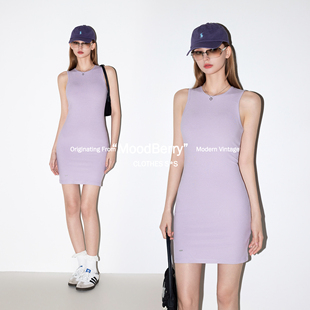 MoodBerry 美式复古纯色无袖包臀连衣裙女夏季运动修身弹力短裙子