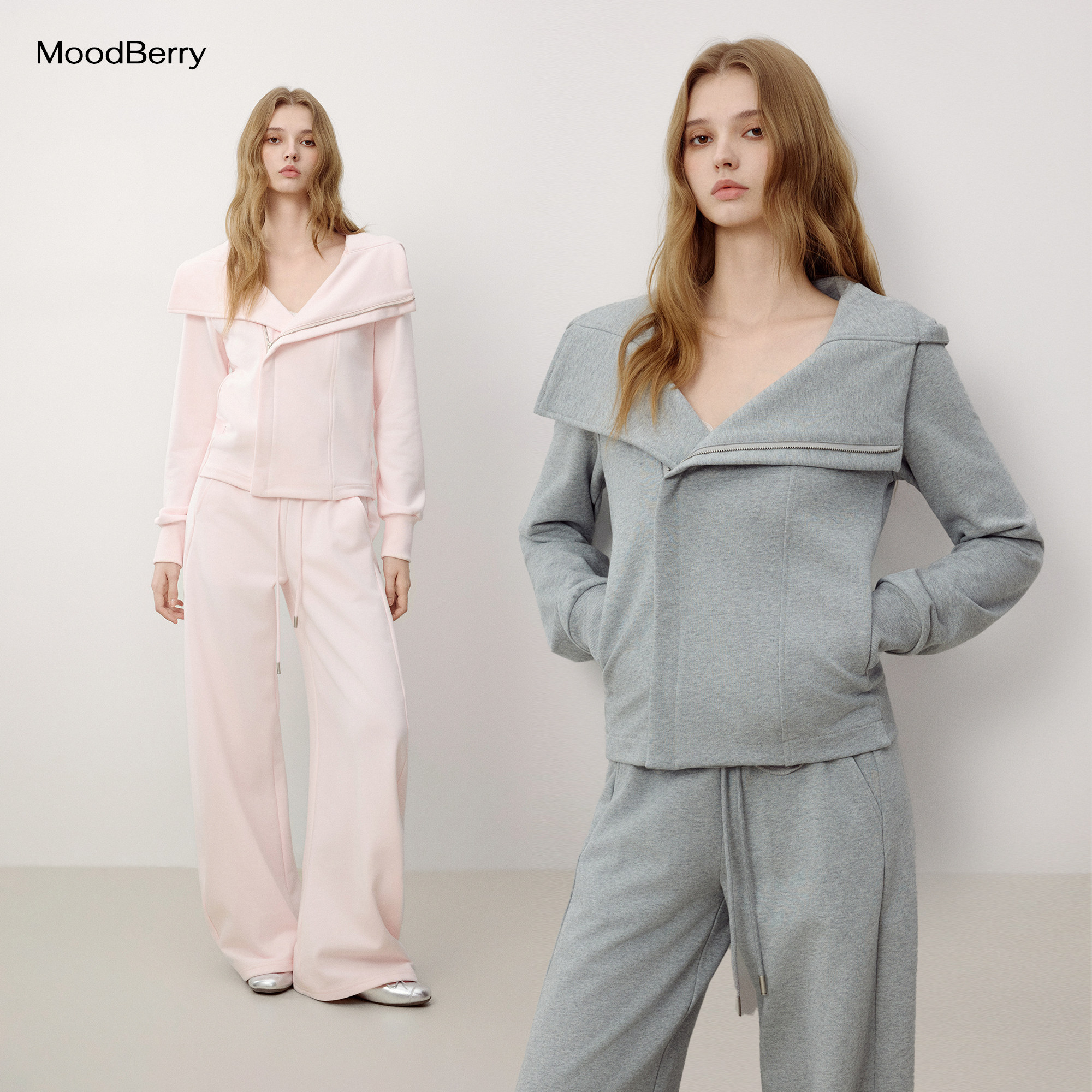 MoodBerry 美式复古设计感领口连帽卫衣女秋季宽松弯刀休闲裤套装图片