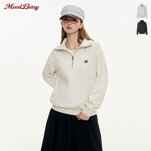 MoodBerry 美式复古运动风半拉链卫衣女秋季宽松休闲百搭高领上衣