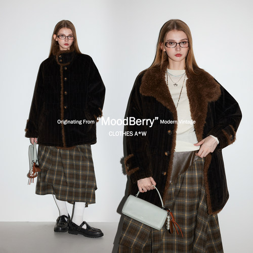 MoodBerry 美式复古灯芯绒长款拼接毛领棉服女冬厚款宽松保暖外套