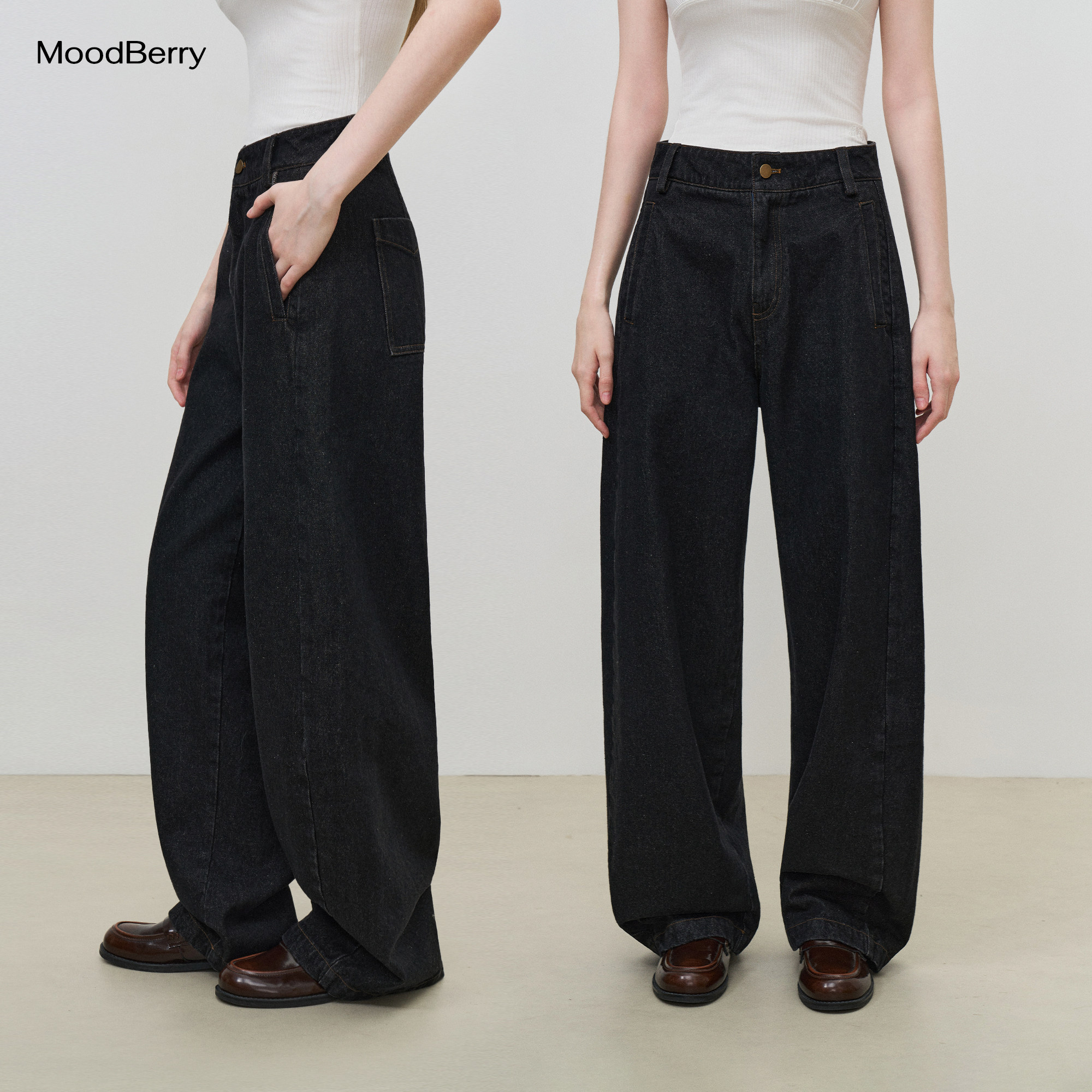 MoodBerry 美式复古简约弯刀牛仔裤女秋季百搭通勤高腰显瘦阔腿裤