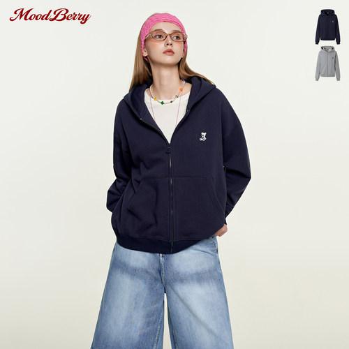 MoodBerry 美式复古刺绣连帽拉链卫衣开衫女秋季宽松休闲百搭外套