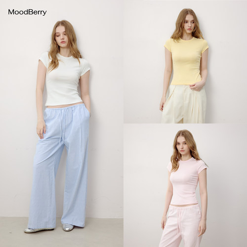 MoodBerry美式复古纯色圆领正肩短袖女夏季修身显瘦短款上衣T恤