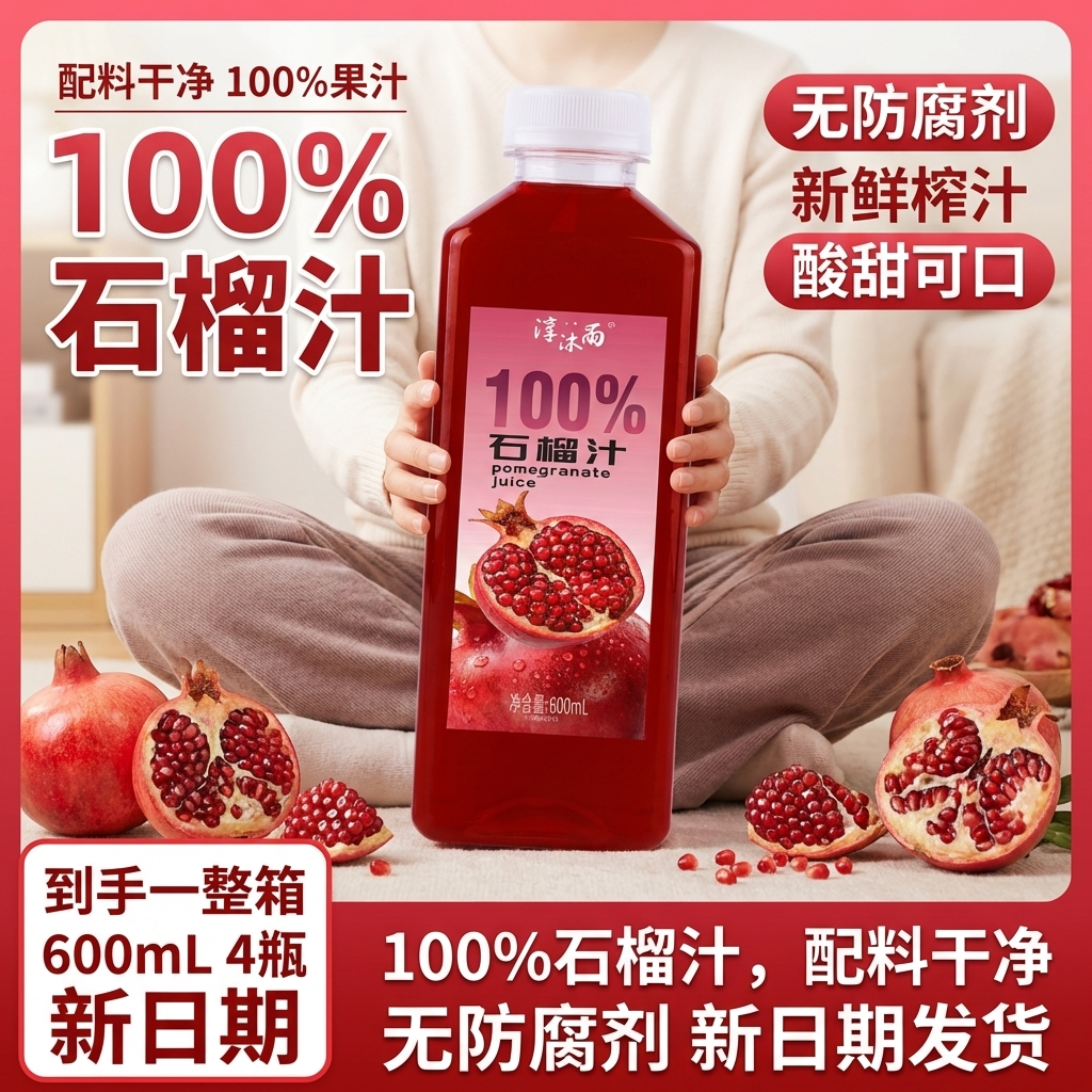 100%石榴汁无防腐剂新鲜榨汁酸甜可口600ml4瓶装配料干净