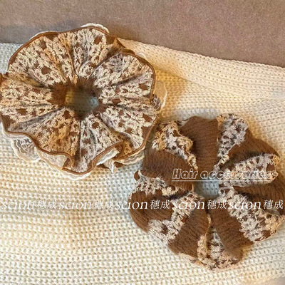 秋冬新款咖色毛线蕾丝小蛮腰发圈复古美拉德棕气质扎马尾头绳发饰