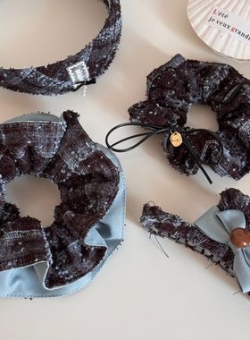 蓝色系小香风大肠圈勾线大肠发圈女高级感精致丸子头头绳皮筋发饰