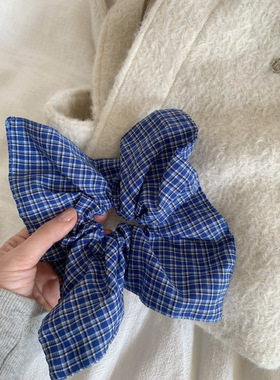 韩系大号蓝色格纹方巾大肠发圈2025新款高级感扎低丸子头方形发饰