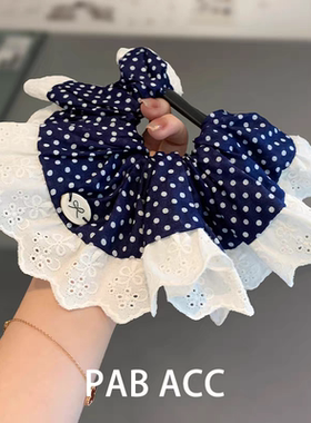 韩国温柔撞色波点蕾丝花边肥肠圈藏蓝色纽扣点缀绑发圈耐用皮筋女