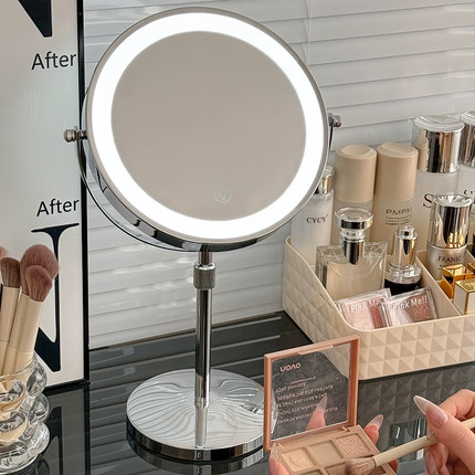 可升降LED化妆镜子双面梳妆镜带灯台式镜桌面灯光美容镜可调亮度