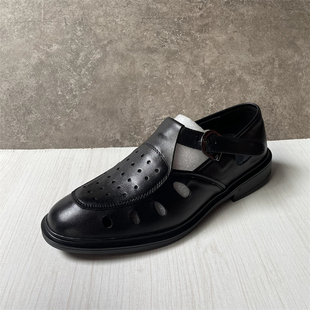 断码鞋工厂清仓头层牛皮镂空男凉鞋搭扣软底舒适驾车鞋黑色男皮鞋