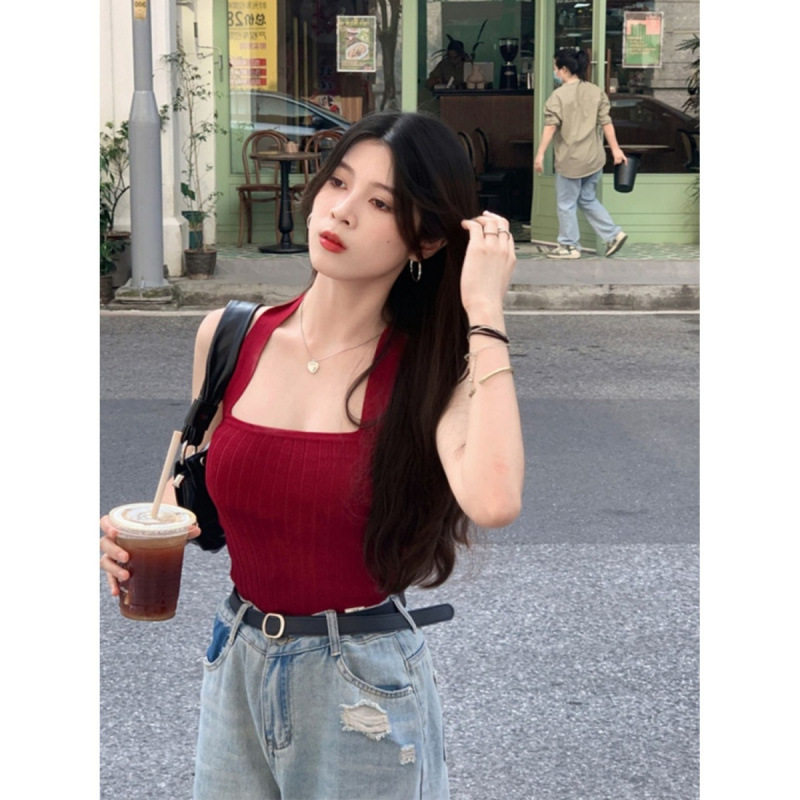 港风红色挂脖背心女夏季新款复古抹胸