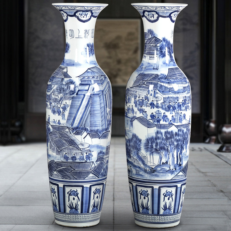景德镇陶瓷器青花瓷客厅落地大花瓶中式清明上河图酒店装饰品摆件