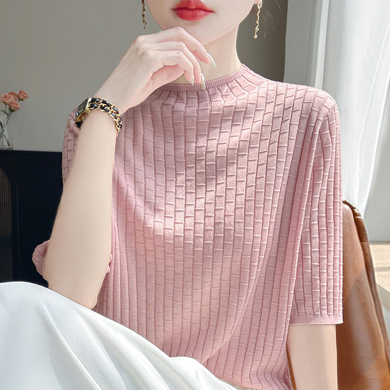 拉夏贝尔 半高竹节短袖t恤女夏季打底衫洋气大码女装冰丝针织上衣