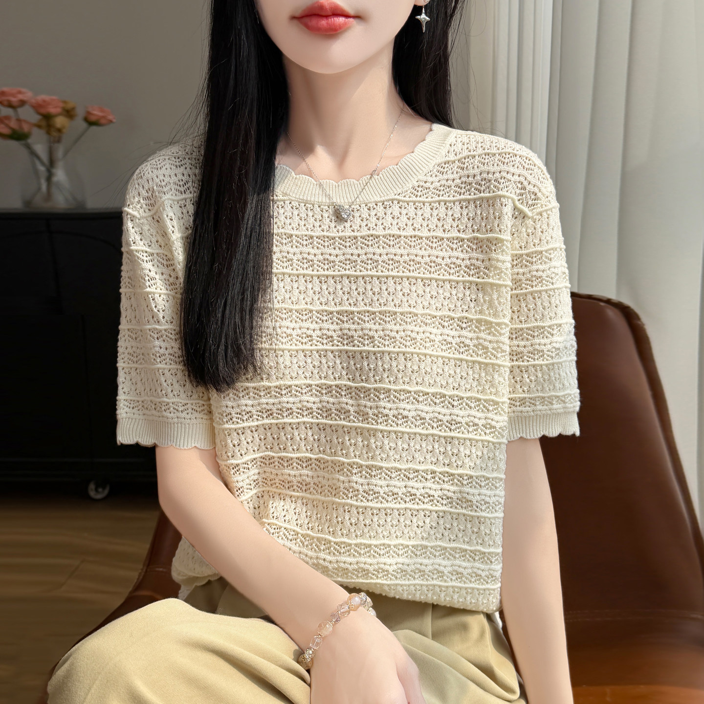 针织镂空圆领短袖t恤女夏季薄款冰丝针织衫大码女装上衣