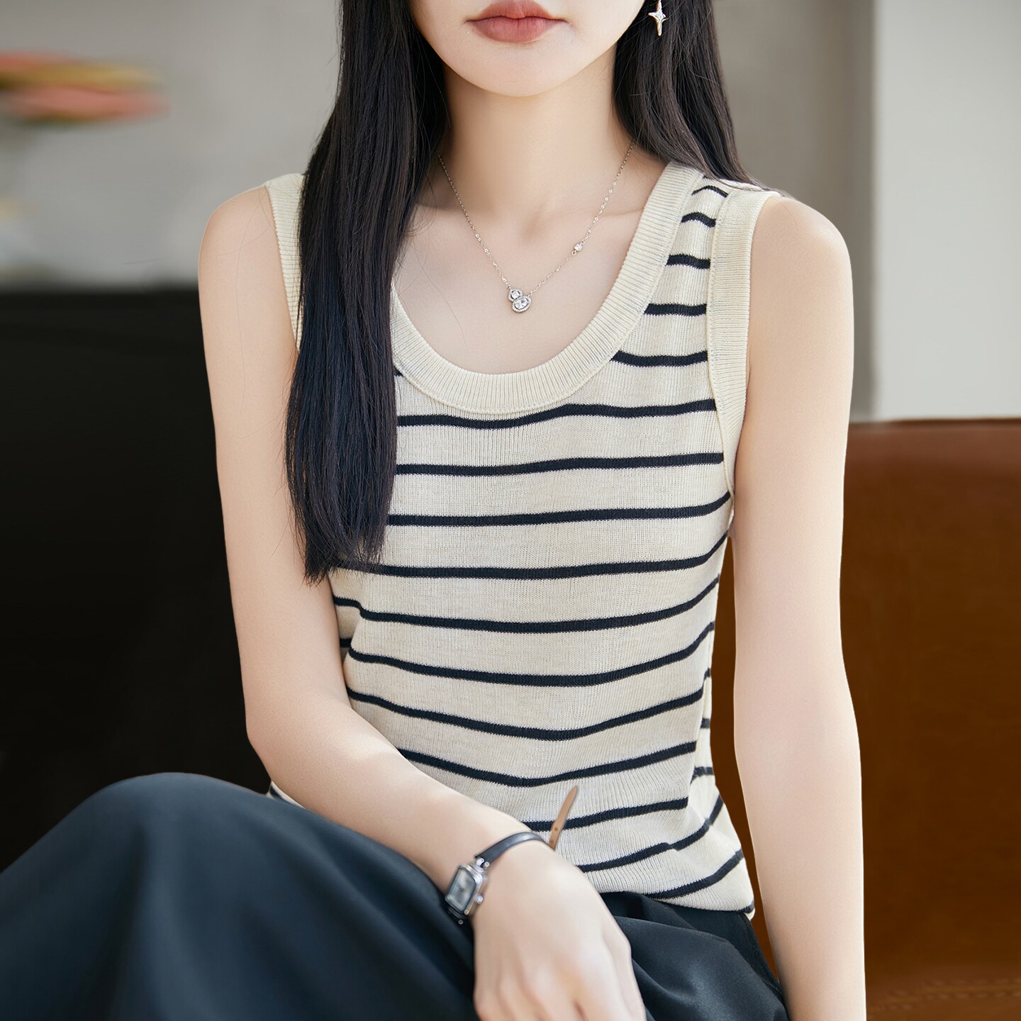 拉夏贝尔 撞色条纹针织无袖t恤女夏季薄款冰丝针织衫大码女装上衣