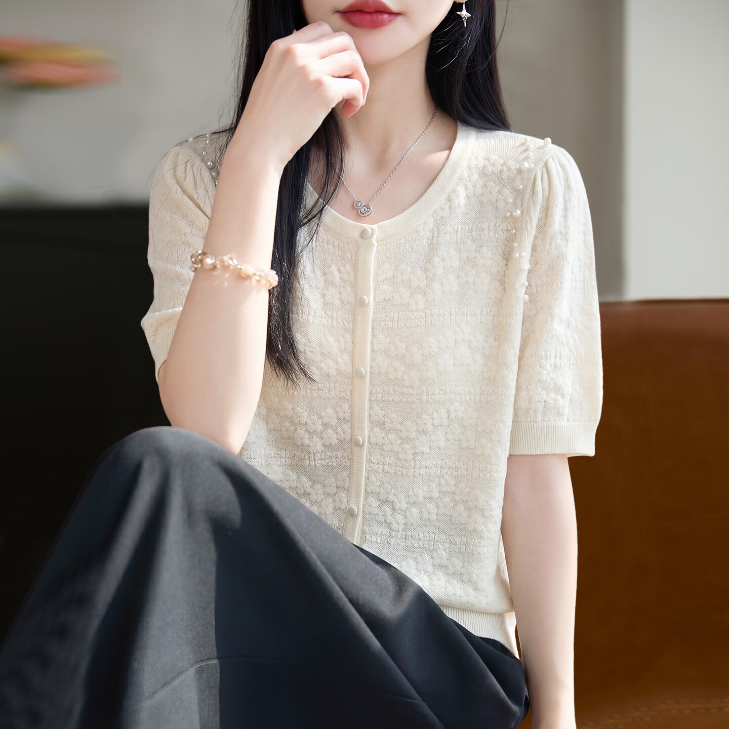 拉夏贝尔 提花钉珠针织短袖t恤女夏季薄款冰丝针织衫大码女装上衣