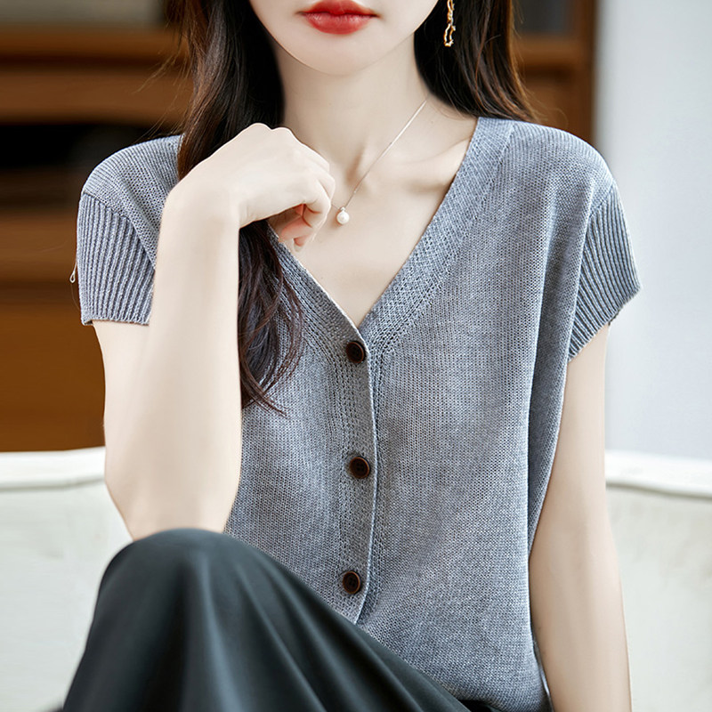 拉夏贝尔  V领开衫短袖t恤女夏季打底衫洋气大码女装冰丝针织上衣