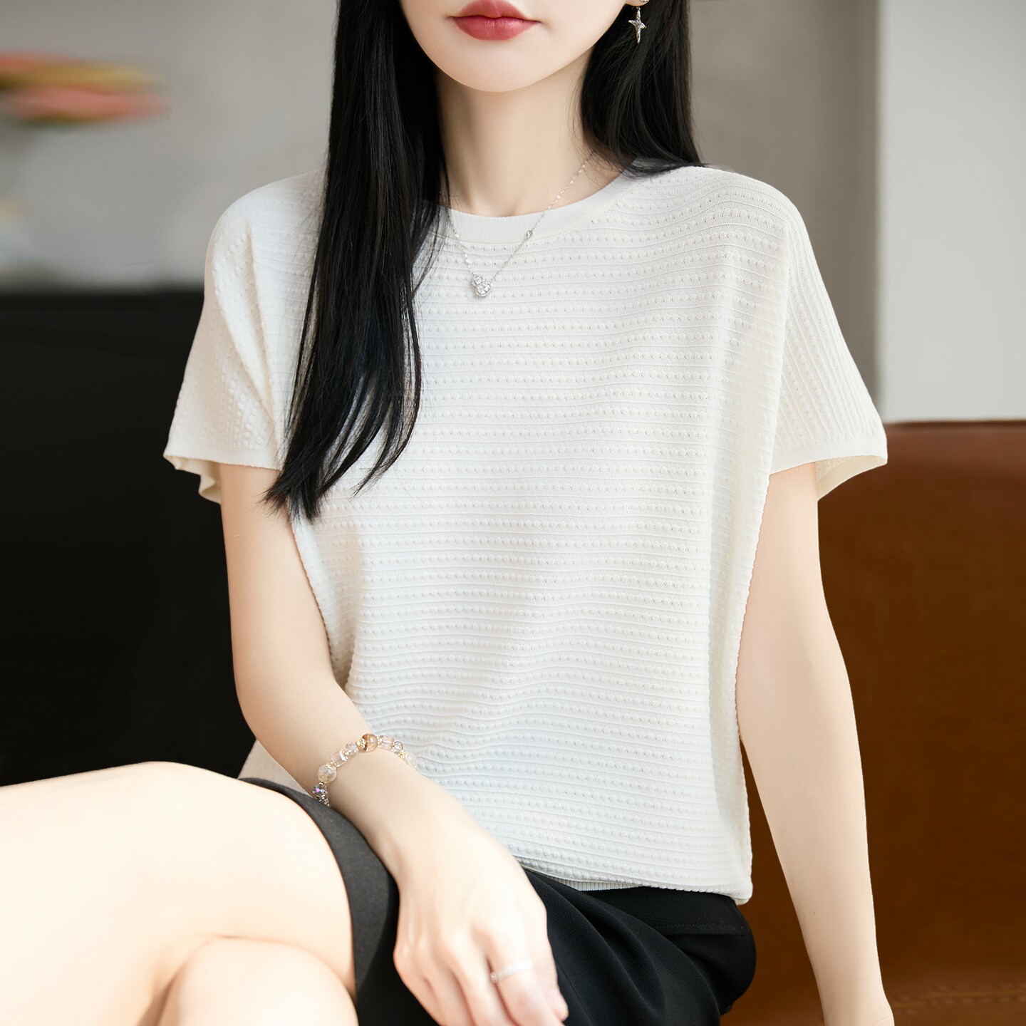 拉夏贝尔 纯色条纹针织短袖t恤女夏季薄款冰丝针织衫大码女装上衣